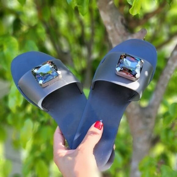 Women's Jelly Rhinestone Slide Flip Flops Flat Sandals - Picture 2 of 4